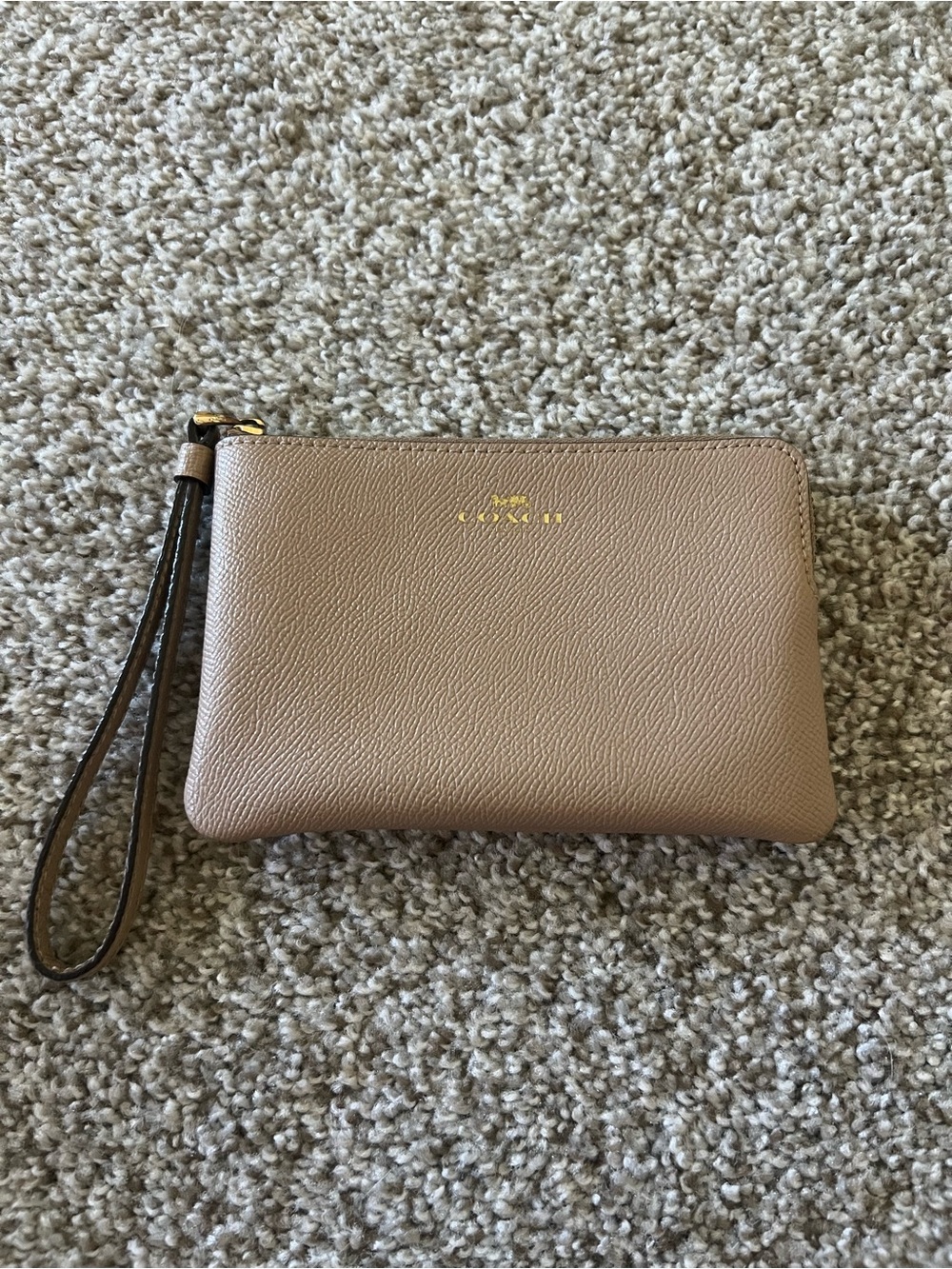 Coach Pebbled Leather Wristlet in Beige Taupe with Gold Logo